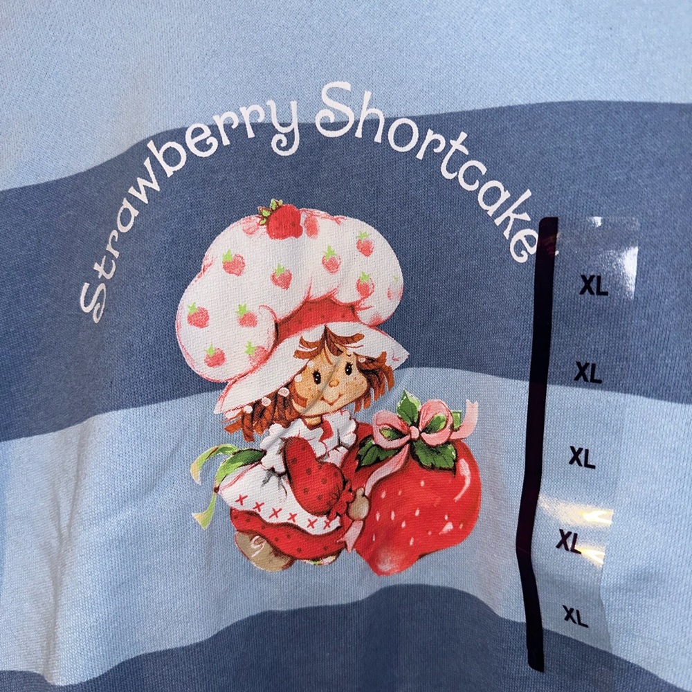 Strawberry Shortcake Blue Striped Cropped Crew Sweatshirt NWT XL Retro 80s Cute - Picture 3 of 8